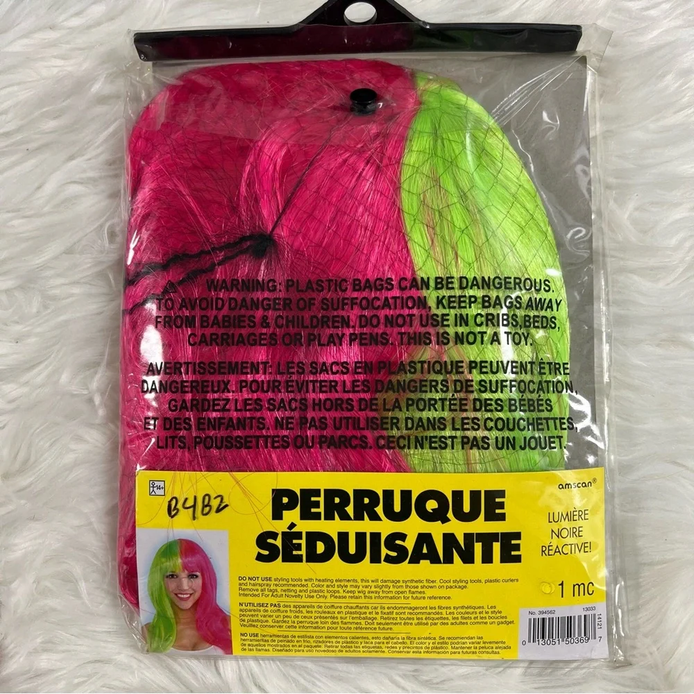 Glam Neon pink and green Wig Black Light Reactive Colors NEW costume Halloween
